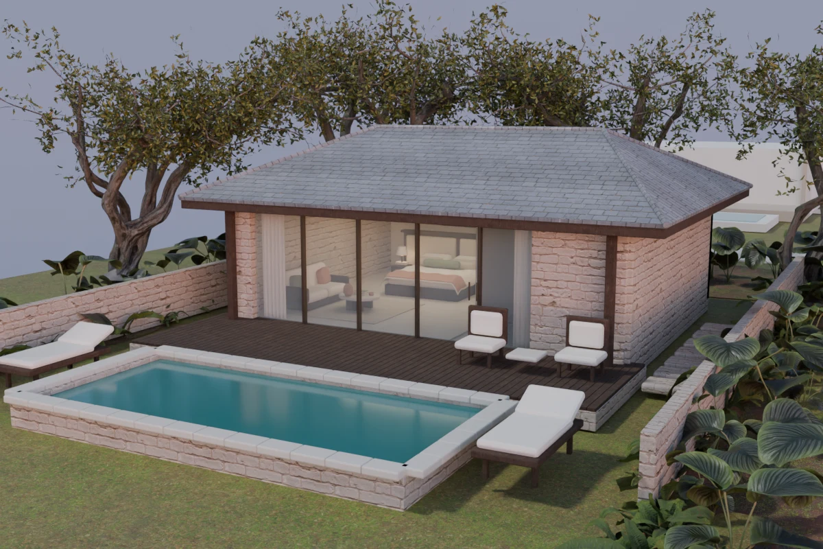 Garden Villa G01 with stone walls, timber terrace, private pool and tropical planting