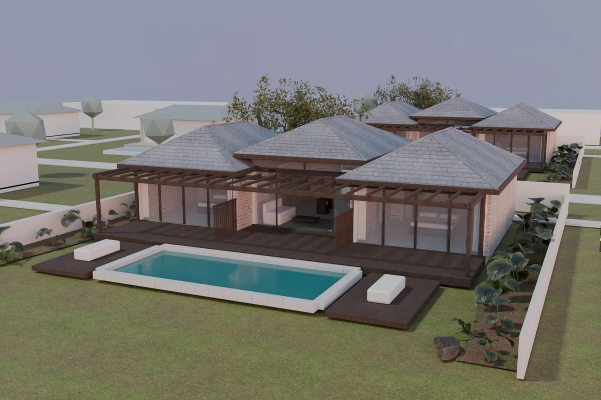 Concept study of Signature Villa with two bedroom pavilions, a central living space and private pool